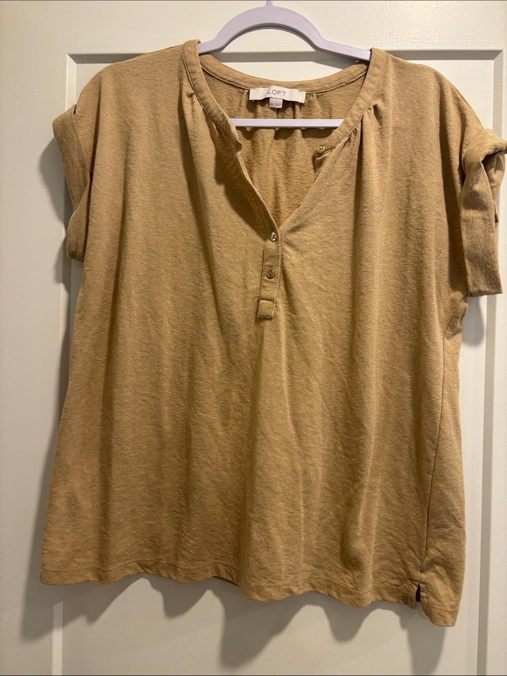 LOFT Tan Short Sleeve Henley Top